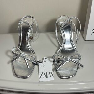 Zara Silver Slingback Heels with Bow Detail